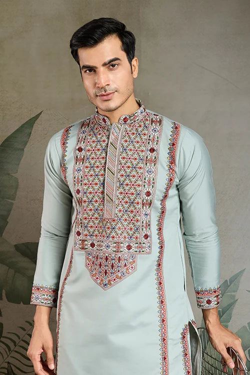 Traditional Sky Blue Embroidered Kurta Pajama Set Clothsvilla