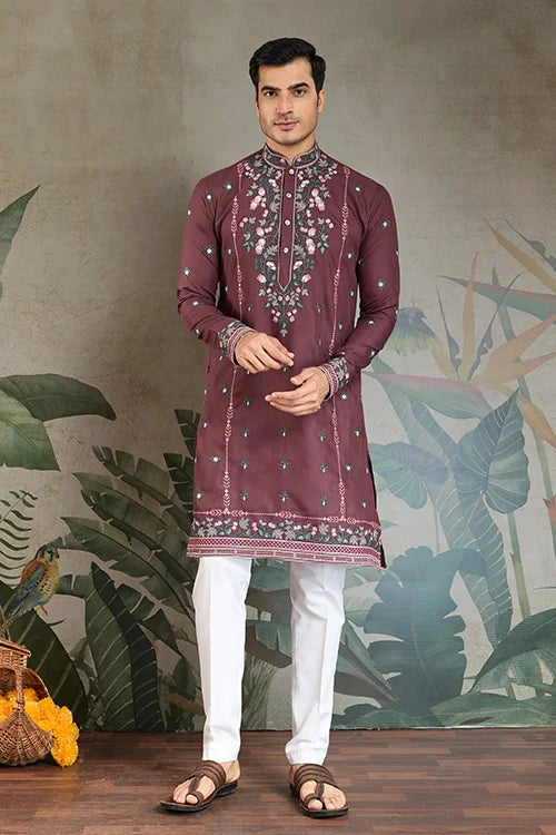 Embroidered Pastel Chocolate Kurta for Men Wear Clothsvilla