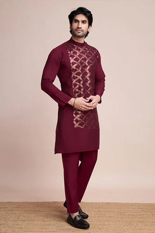 Traditional Embroidered Maroon Silk Kurta for Men Clothsvilla