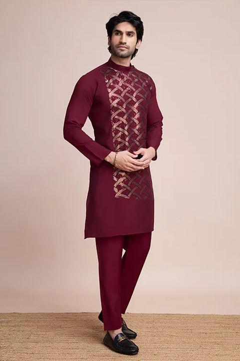 Traditional Embroidered Maroon Silk Kurta for Men Clothsvilla Main image