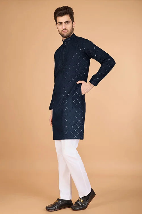 Navy Viscose Fabric Embroidered Traditional Kurta for Mens Wear Clothsvilla