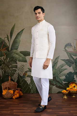 White Roman Silk Kurta with Jacquard Koti Jacket Clothsvilla
