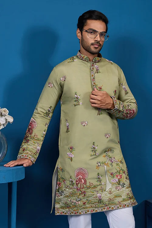 Traditional Pista Green Embroidered Kurta for Men Clothsvilla