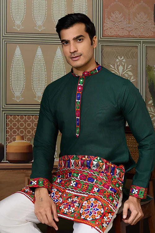 Navratri Style Green Cotton Readymade Kurta for Men Clothsvilla