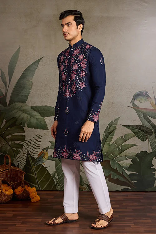 Wedding Special Navy Blue Embroidered Mens Kurta Set Clothsvilla