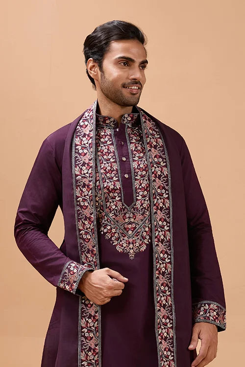 Ethnic Look Purple Kurta with Dupatta Mens Wear Special Clothsvilla