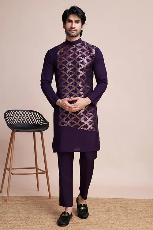Traditional Purple Silk Kurta with Thread Work Clothsvilla