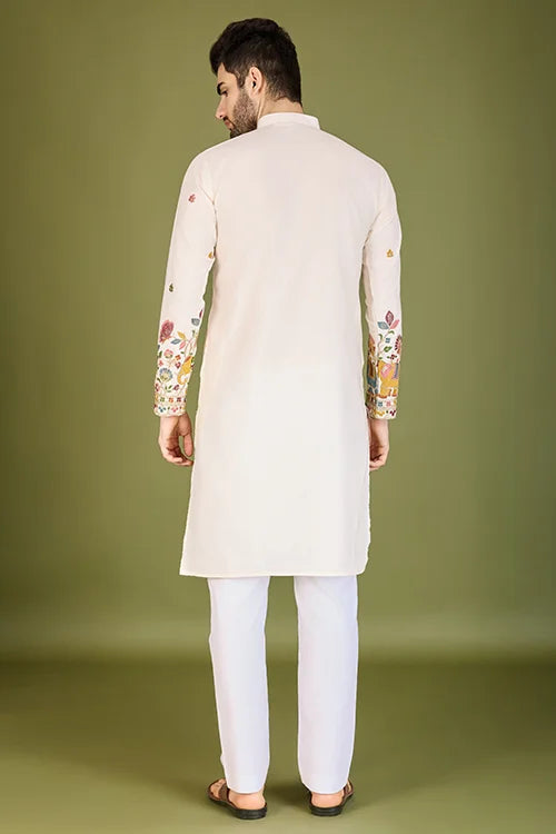 White Color Heavy Embroidered with Cotton Mens Wear Kurta Clothsvilla