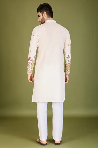 White Color Heavy Embroidered with Cotton Mens Wear Kurta Clothsvilla