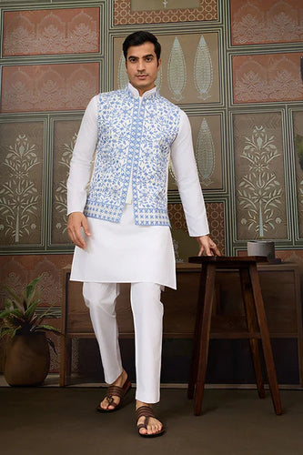 Traditional White Kurta Blue Koti Pajama for Men Clothsvilla