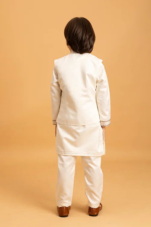Premium White Mirror Work Koti Kurta Set for Boys Clothsvilla