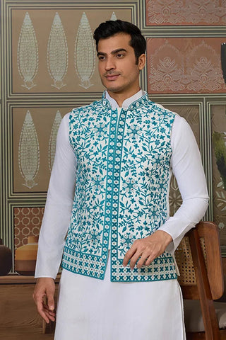 Traditional White Kurta with Teal Green Koti for Men Clothsvilla
