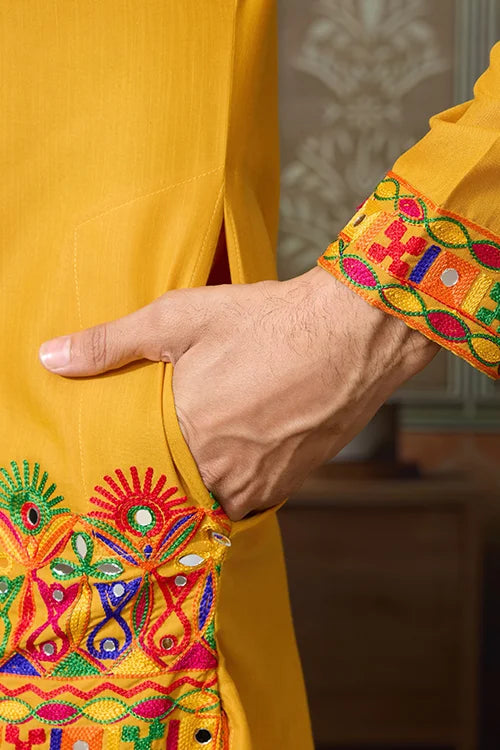 Classic Yellow Cotton Mens Ready to Wear Kurta for Navratri Clothsvilla