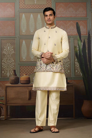 Haldi Special Light Yellow Koti Kurta Set for Mens Wear Clothsvilla