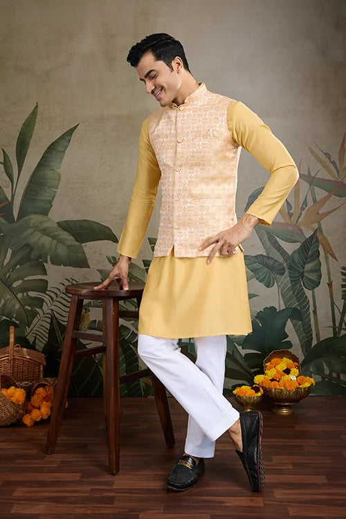 Yellow Roman Silk Kurta with Jacquard Koti Elegant Ethnic Wear Clothsvilla
