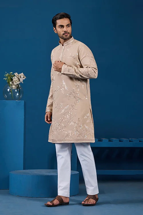 Elegant Beige Embroidered Viscose Silk Kurta for Mens Clothsvilla