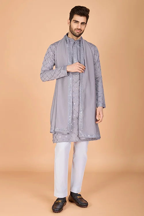 Designer Grey Viscose Silk Men's Kurta – Elegant Wedding Attire Clothsvilla