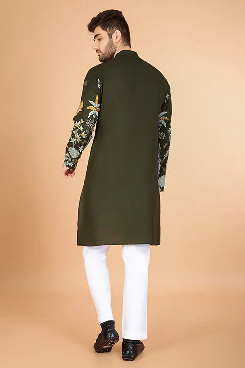 Olive Viscose Rayon Designer Men's Kurta for Festive Clothsvilla