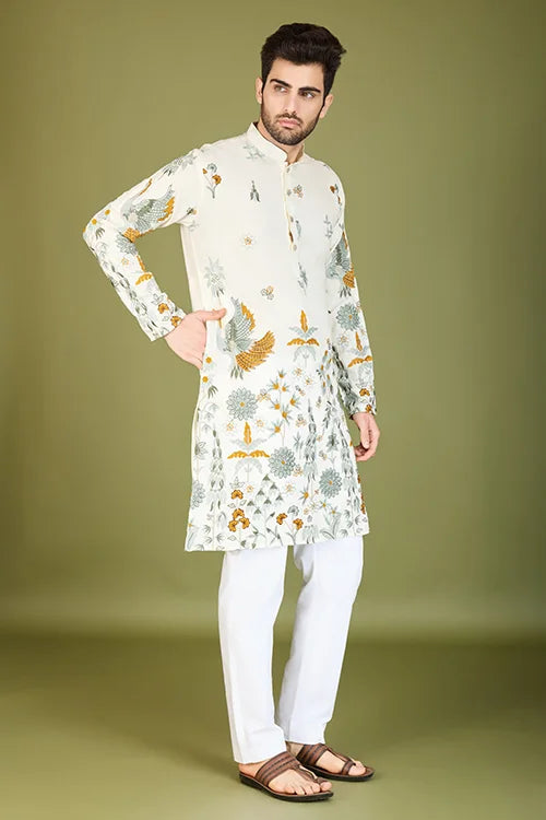 White Viscose Rayon Designer Kurta for Men Clothsvilla