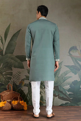Pastel Pista Viscose Silk Embroidered Kurta for Men Clothsvilla