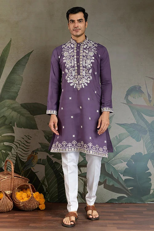 Pastel Purple Embroidered Viscose Silk Kurta Set Clothsvilla
