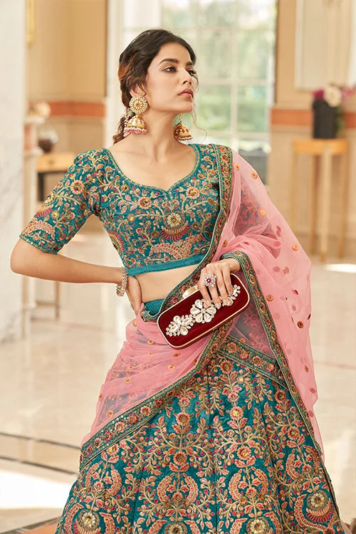 Designer Teal Velvet Lehenga with Soft Net Dupatta Clothsvilla