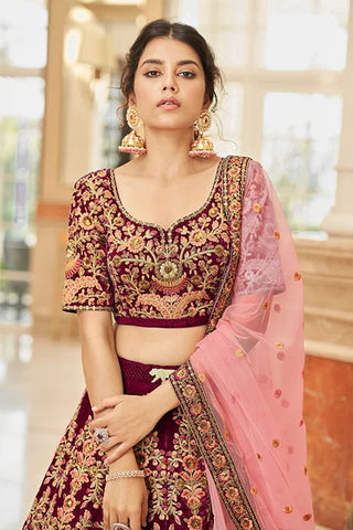 Designer Maroon Velvet Lehenga with Net Dupatta Clothsvilla