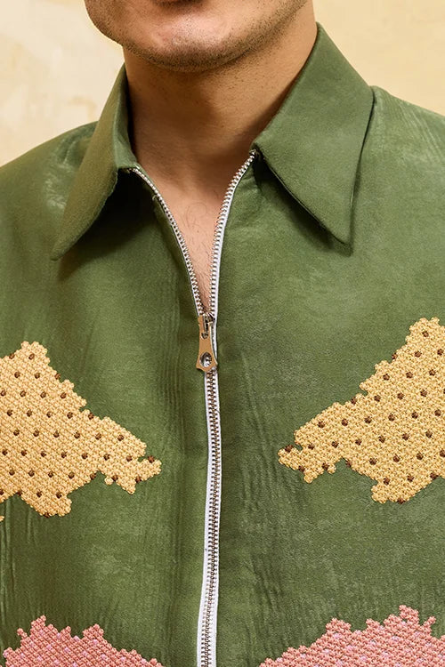 Regal Green Bomber Jacket with Thread Work and Pant for Mens Clothsvilla