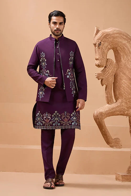 Vibrant Purple Color Koti Kurta Set Pair for Men Collection Clothsvilla