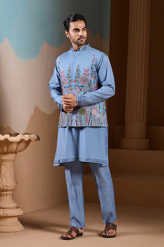 Vibrant Sky Blue Koti Kurta Pajama for Mens Outfits Clothsvilla