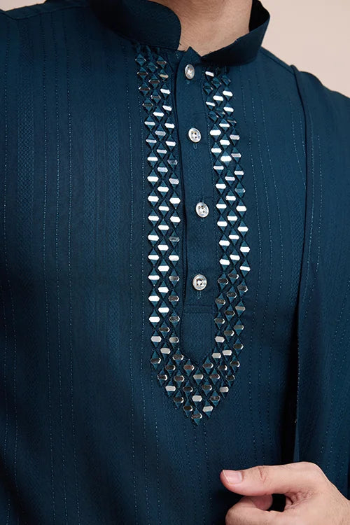 Teal Blue Kurta Set for Men with Mirror Work Design Clothsvilla