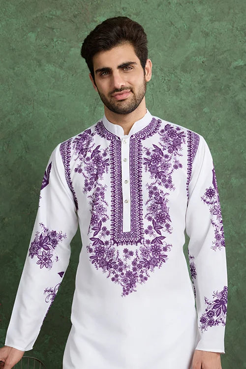 Purple Color Digital Printed Gents Kurta Pyjama Clothsvilla