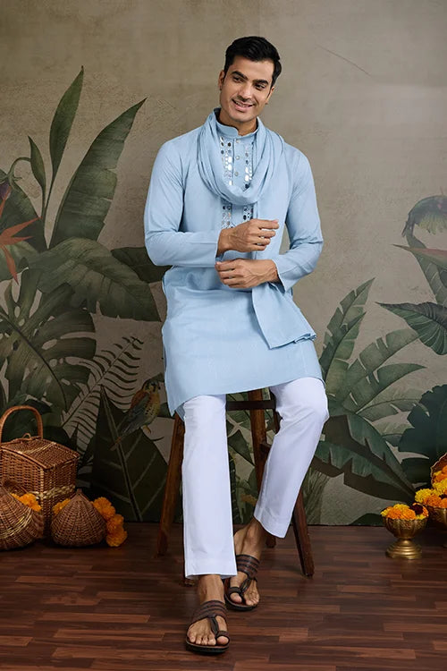 Sky Blue Designer Men's Kurta with Real Mirror Work Clothsvilla