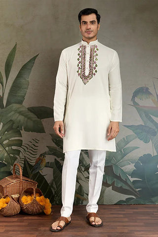 Wedding Special White Mirror Work Kurta with Dupatta for Men Clothsvilla