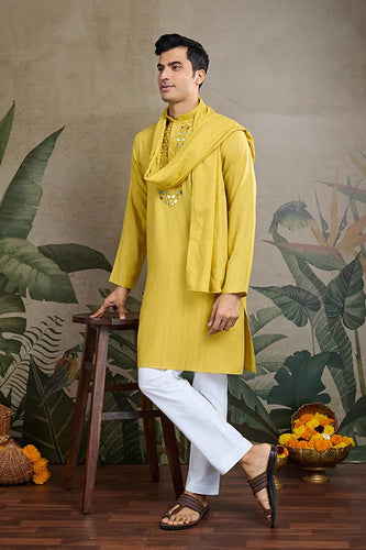 Stylish Look Perfect Haldi Yellow Color Men's Kurta with Dupatta Clothsvilla