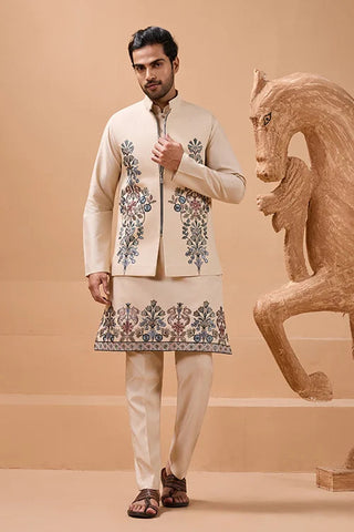 Tendy Beige Wedding Special Koti Kurta Set for Mens Wear Clothsvilla