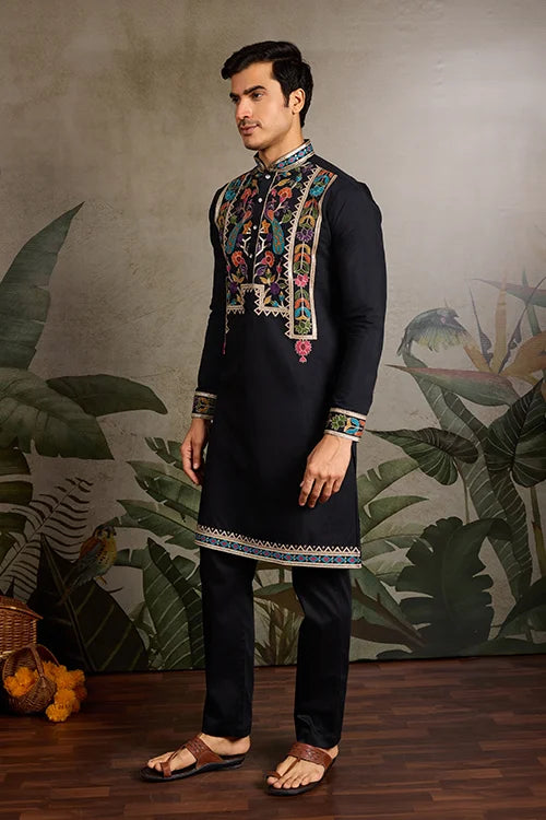 Designer Black Embroidered Mens Kurta for Wedding Clothsvilla