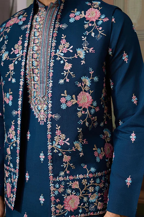 Modern Teal Blue Open Koti Kurta Set for Men Clothsvilla