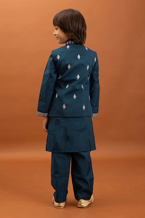 Bottle Green Kids Kurta Pajama with Koti Set Clothsvilla