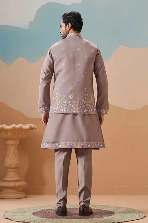 Elegant Grey Embroidered Koti Kurta Pant for Mens Clothsvilla
