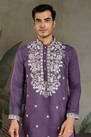 Pastel Purple Embroidered Viscose Silk Kurta Set Clothsvilla