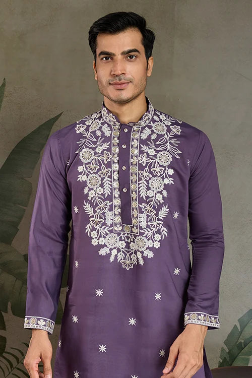 Pastel Purple Embroidered Viscose Silk Kurta Set Clothsvilla