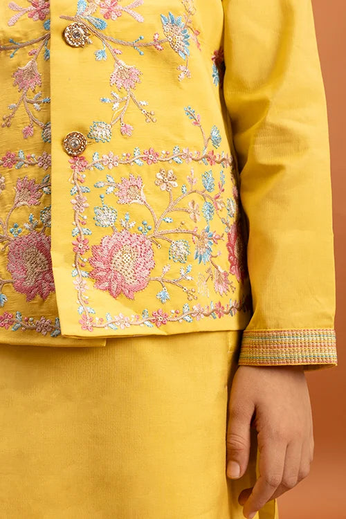 Haldi Celebration Kids Wear Yellow Kurta Pajama with Koti Clothsvilla