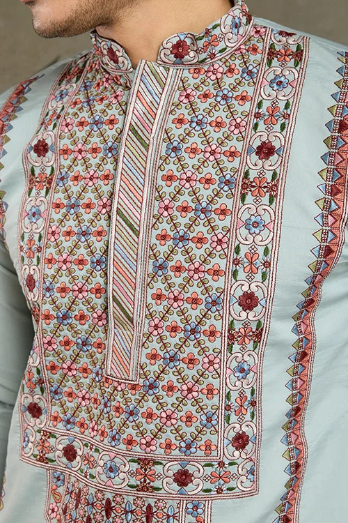 Traditional Sky Blue Embroidered Kurta Pajama Set Clothsvilla