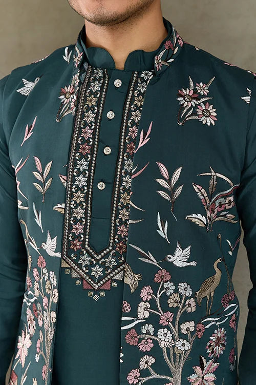 Traditional Green Kurta Pajama with Stylish Open Jacket Clothsvilla