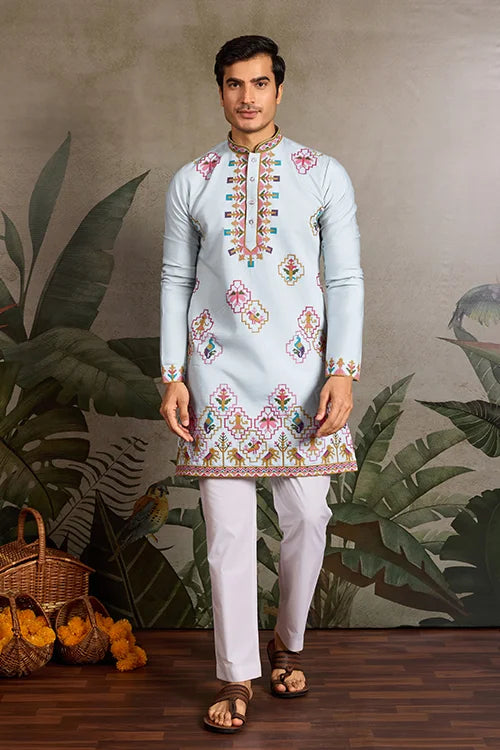 Elegant Look Indian Festive Sky Blue Kurta for Men Clothsvilla