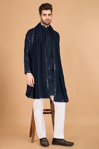 Navy Viscose Fabric Embroidered Traditional Kurta for Mens Wear Clothsvilla