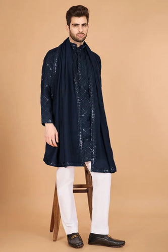 Navy Viscose Fabric Embroidered Traditional Kurta for Mens Wear Clothsvilla