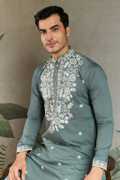 Pastel Pista Viscose Silk Embroidered Kurta for Men Clothsvilla