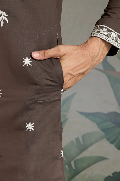 Wedding Functions Chocolate Gray Embroidered Kurta Clothsvilla